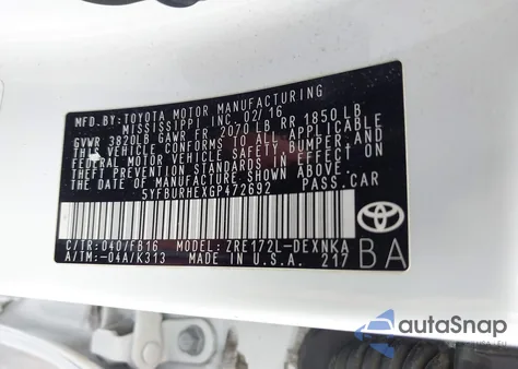 2016 Toyota Corolla Le z USA, uszkodzony, nr VIN 5YFBURHEXGP472692